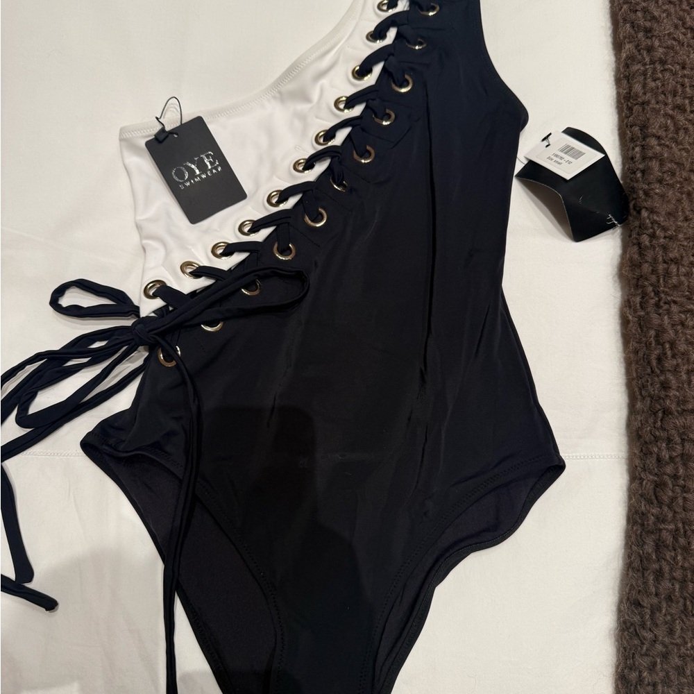 OYE Swimwear Black and White Lace-Up One-Piece Swimsuit